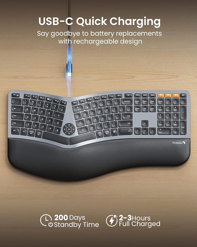 ProtoArc EK01 Plus Backlit Bluetooth Ergonomic Keyboard, Full Size, Grey | Adjustable brightness, split design, cushioned wrist rest, connect 3 devices via Bluetooth/2.4G, 2000mAh USB-C rechargeable. - Image 6