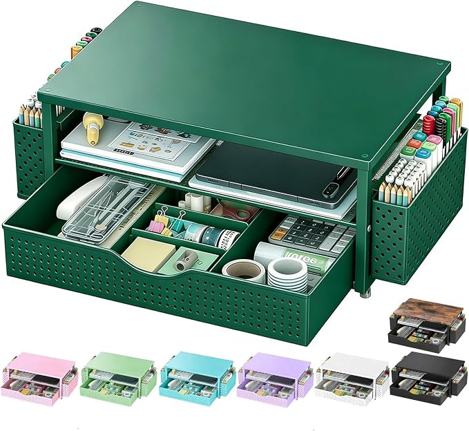 Spacrea Desk Organizer and Accessories, Computer Monitor Stand Riser with Drawer and 2 Pen Holders, Office Desk Accessories & Workspace Organizers for Office Supplies (Dark Green) by Spacrea