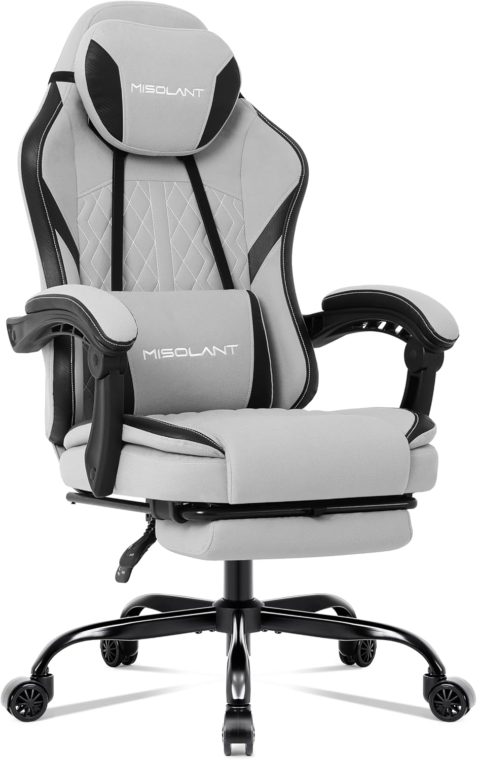 Misolant Gaming Chair, Fabric Gamer Chair with footrest for Adults, High Back Ergonomic Computer Game Chair with Adjustable Headrest and Massage Lumbar Support, 90-155° Recline Free, Gray by Misolant