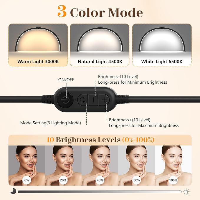 Yokilly Half Moon Light for Nail Desk: 29" Foldable Nail Light for Desk | AB Diamonds Arch Nail Tech Light with Phone Holder for Beginner - 3 Color Modes & 10 Brightness for Manicure Salon-Black - Image 3