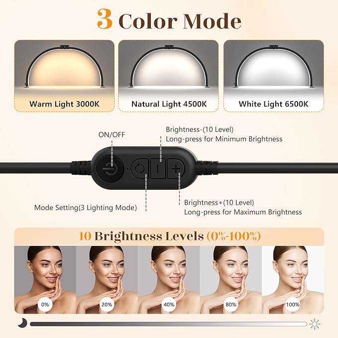 Yokilly Half Moon Light for Nail Desk: 29" Foldable Nail Light for Desk | Arch Nail Tech Light with Phone Holder for Beginner - 3 Color Modes & 10 Brightness for Manicure Salon-Black - Image 3