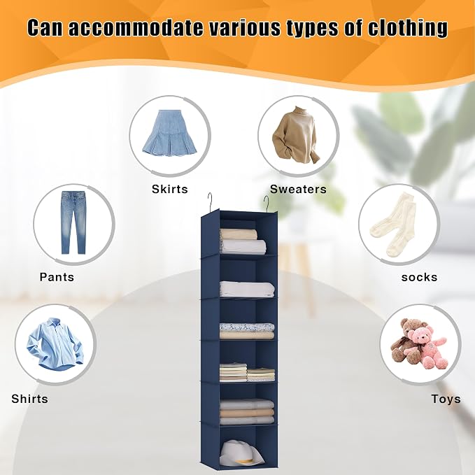 Hanging Closet Organizer 6-Shelf, Oxford Fabric Wardrobe Storage, Navy Blue | Easy-mount foldable design holds clothes, handbags, shoes & accessories; washable Oxford fabric, sturdy and space-saving. - Image 8