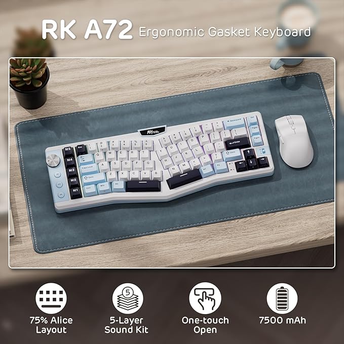 RK ROYAL KLUDGE A72 Alice Ergonomic Wireless Mechanical Keyboard,Split Ergo | Gasket RGB Gaming Keyboard w/Knob/Macro Keys/Touchable Nameplate, BT/2.4GHz/USB-C, 5-Layer Noise Dampening, Win/Mac Software - Image 2