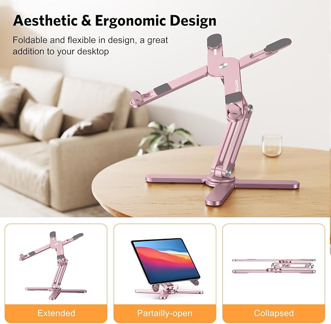OMOTON LA10 360° Rotating Laptop Stand Riser Foldable for Desk, Pink | Aluminium Aolly, Adjustable Height Angles, Collaborative Work, Easy Storage, Fits Laptops up to 17", for MacBook Pro/Air HP - Image 3