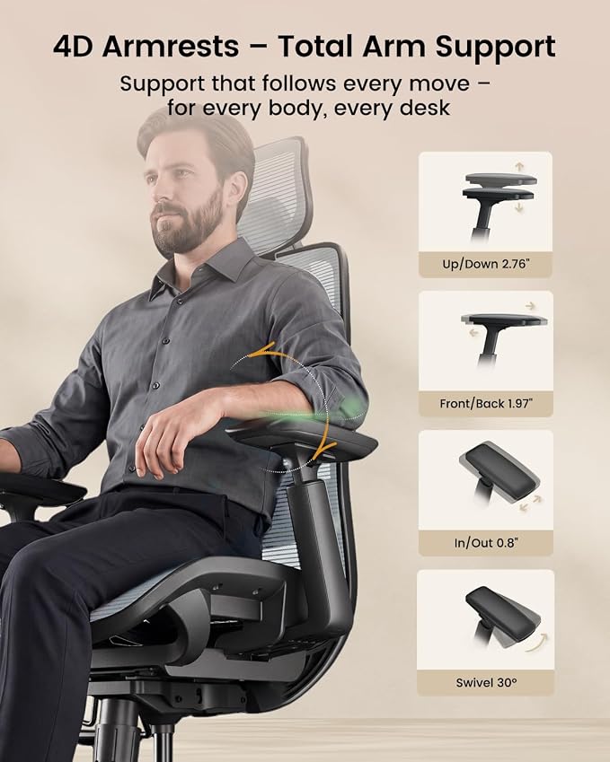 ProtoArc EC200 Pro Ergonomic Mesh Office Chair for Remote Work, Gray | 4D Armrests, Adjustable Lumbar & Seat Depth, 3D Headrest, Ergonomic Desk Chair for Home Office Programmers - Image 4