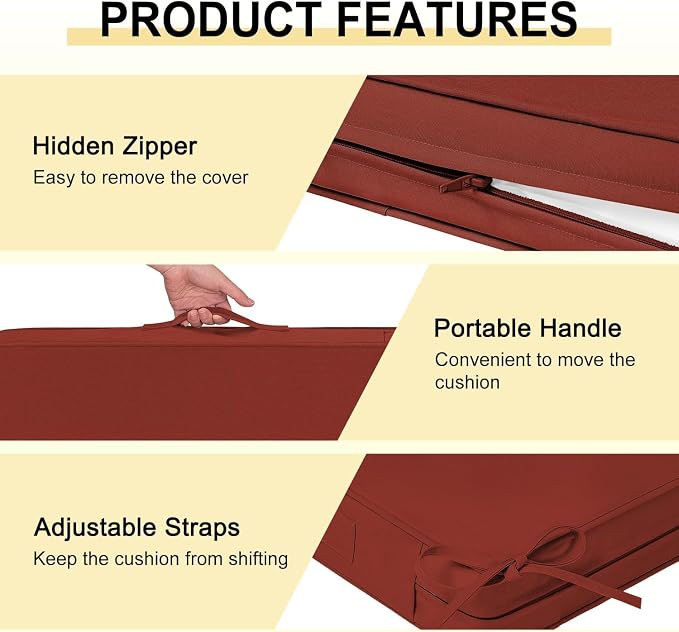 downluxe Waterproof Outdoor Chair Cushions for Patio Furniture, 22" x 22" x 3" Patio Chair Cushion with Adjustable Ties & Portable Handle, Square Outdoor Cushion with Removable Cover, Orange, 2 Pack - Image 5