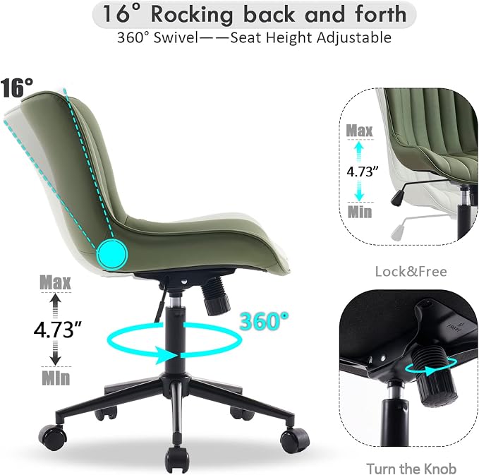 YOUNIKE Office Desk Chair with Wheels Armless Vanity Chair Modern Tan | Faux Leather Upholstered with Rocking Back, Swivel Height Adjustable Small Cute Computer Rolling Task Chair Ergonomic 300lb - Image 4