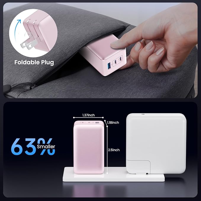 128W USB C Wall Charger,GaN III 3-Port Fast Charging Station,PD QC Foldable Charger Block Portable 65W Laptop Adapter for MacBook Pro/Air,iPad Pro,Galaxy S23,Dell XPS 13,iPhone 17/16/Pro etc - Image 5