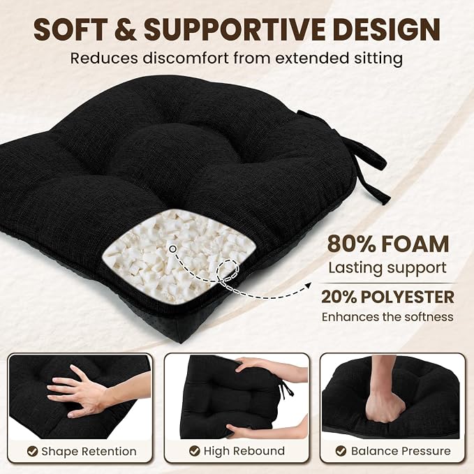 downluxe Indoor Chair Cushions for Dining Chairs, Tufted Overstuffed Textured Kitchen Chair Pads with Ties and Non-Slip Backing, 15.5" x 15.5" x 4", Black, 6 Pack - Image 3