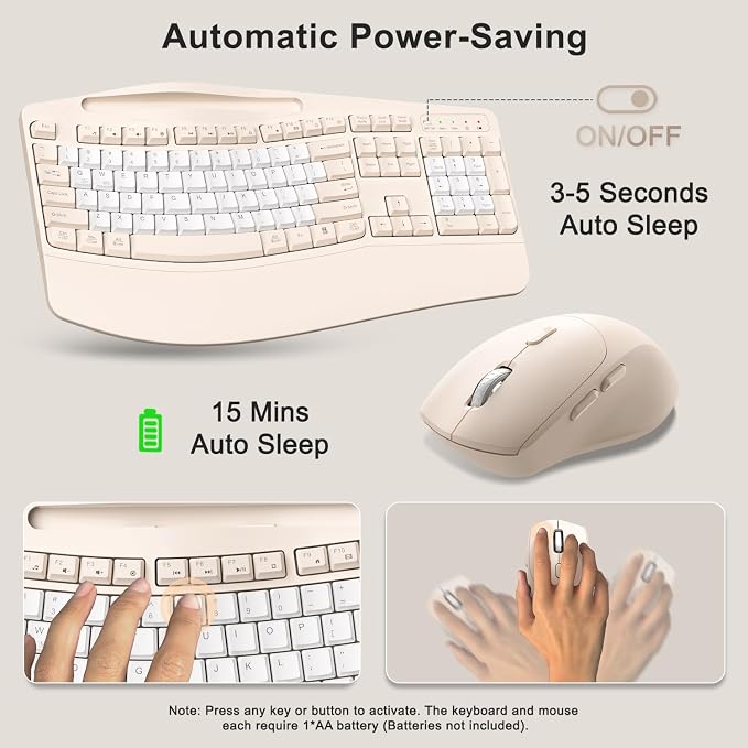 Wireless Keyboard and Mouse Combo, Ergonomic Wave Keys(Milk Tea-B) | 2.4G Full Size Keyboard with Wrist Rest, Phone Holder, 3-Level DPI Silent Mouse with 6-Buttons,for Windows/Mac OS/Laptop - Image 6