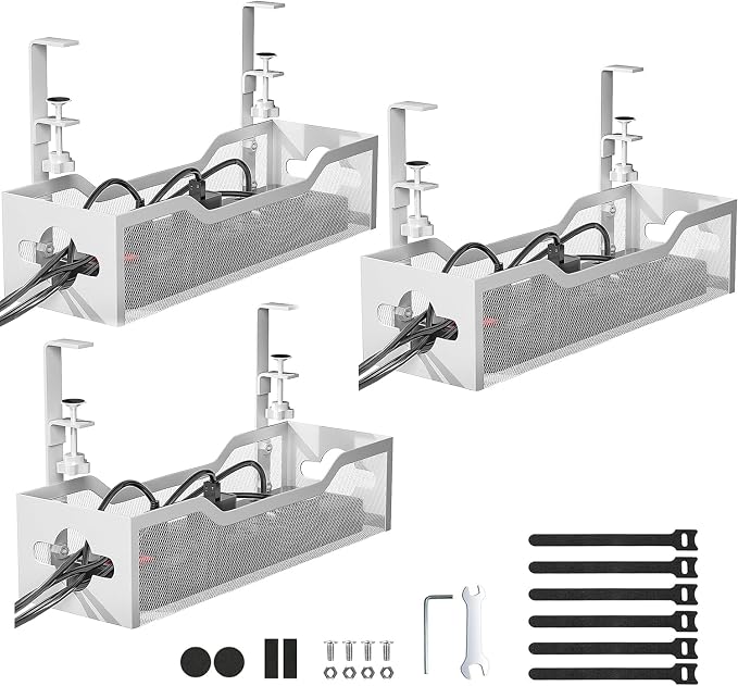 Under Desk Cable Management Tray 3 Pack, Cable Management Under Desk No Drill, Cable Organizer with Clamp for Wire Management, Cord Organizer for Office, Home - No Damage to Table (White) by Litwaro