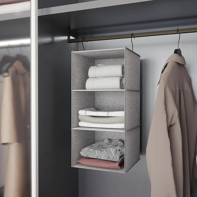 Hanging Closet Organizer 3-Shelf, Oxford Linen Wardrobe Storage, Gray | Easy-mount foldable design holds clothes, handbags, shoes & accessories; washable Oxford fabric, sturdy and space-saving. - Image 4