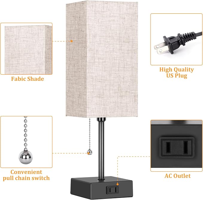 Table Lamp for Bedroom set of 2,3-Color Bedside Lamps with Pull Chain | Table Lamps for Nightstand with AC Outlets,Night Light Lamps for Living Room Kids Office Decor（Black+Cream） - Image 4