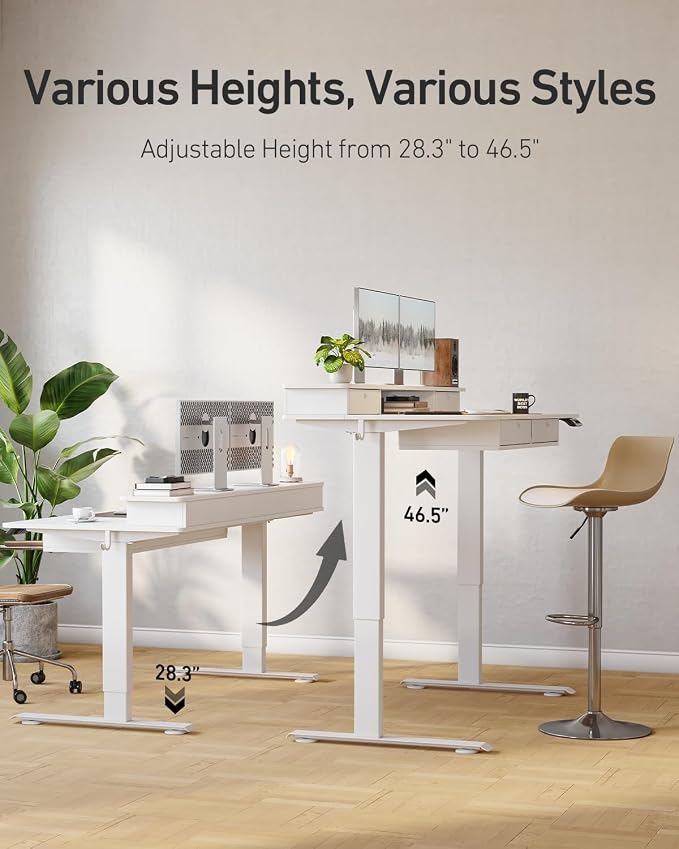 CubiCubi 48" x 24" Standing Electric Desk with Drawers, Warm White | Height Adjustable Workstation, Computer Sit Stand Up Office Table with Large Storage Shelf, 4 Drawers and 2 Hooks - Image 4