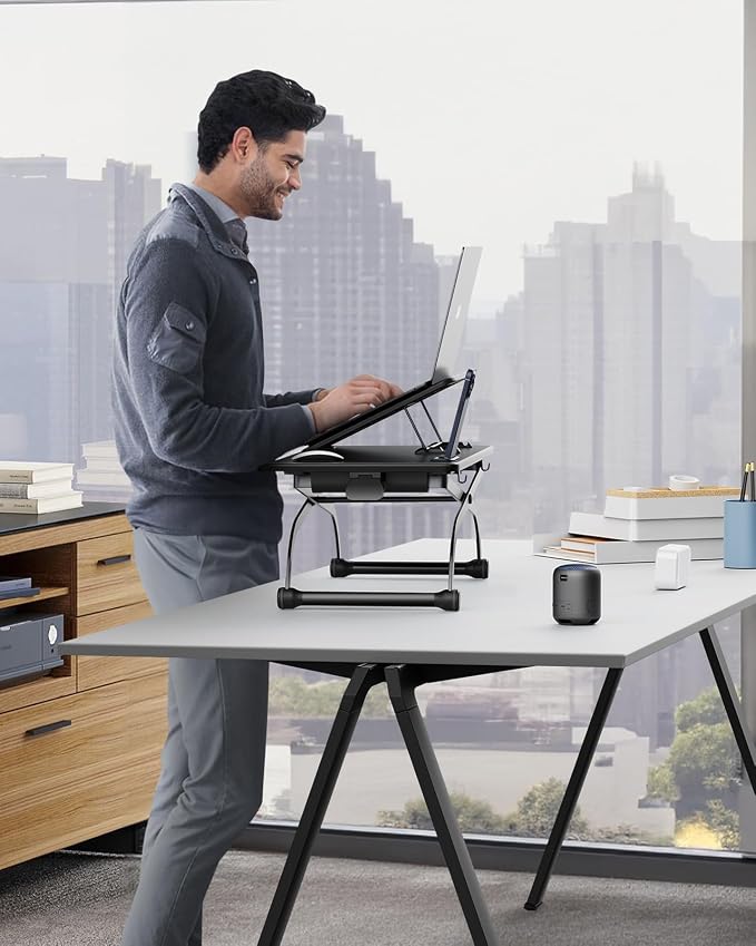 SAIJI Metal Small Laptop Desk Standing Converter Adjustable Desk Riser | 23" Height & Angle Adjustable Laptop Desk for Table, Sit-Stand Workstation, Table Extender for Desk - Image 8