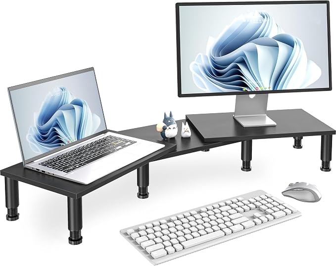 Dual Monitor Stand Riser, Monitor Stand with Adjustable Height Steel leg, Wood Monitor Stand for Desk, Monitor Riser for 2 Monitors with Storage Space Black by 1