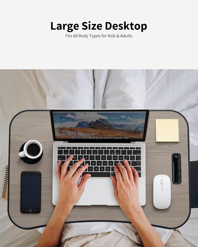 Foldable Lap Desk, Laptop Bed Desk, Portable Lap Table, Laptop Bed Table with Cup Holder & Tablet Slot & Lifting Handle for Working Writing Drawing & Eating - Gray Wood - Image 3