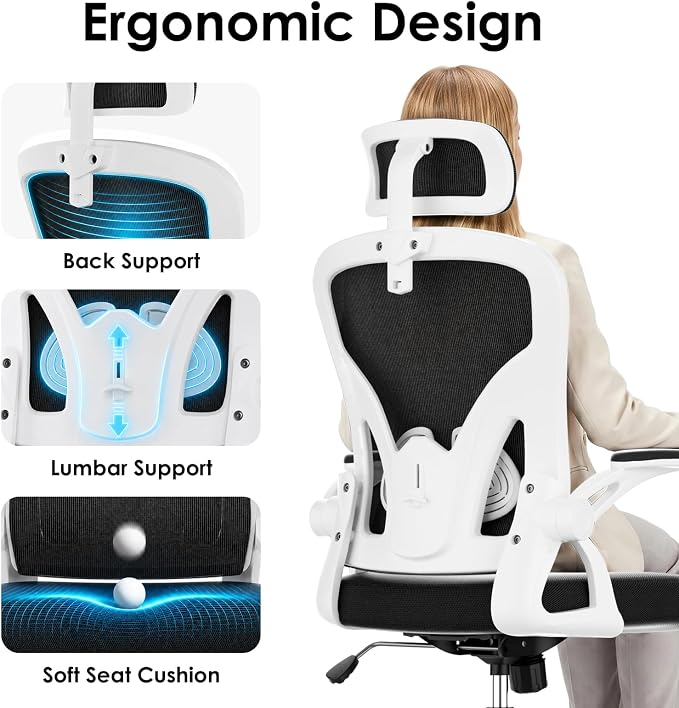 Farini Ergonomic Office Chair, Home Office Desk Chair with Headrest, High Back Swivel Computer Chair with Armrests and Adjustable Lumbar Support for Home Office Study Room, White & Black - Image 4