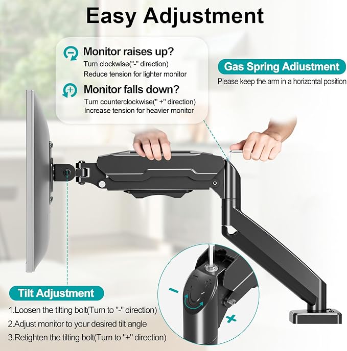 MOUNT PRO Single Monitor Desk Mount - Articulating Gas Spring Arm, Removable VESA Monitor Mount Computer Monitor Stand with Clamp and Grommet Base Fits Max 32 Inch Screen, VESA 75x75, 100x100, Black - Image 2