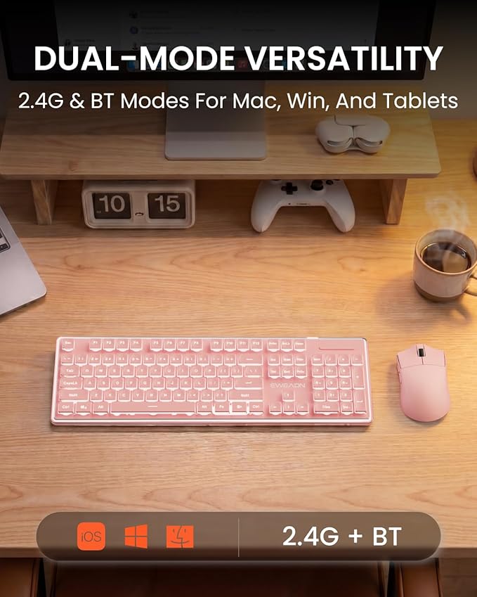 Wireless Keyboard and Mouse Combo with White Backlit Pudding Keycaps, Bluetooth & 2.4G, 2000mAh Rechargeable, Full Size, Metal Panel Quiet Computer Keyboard Set for Windows PC Desktop - Pink - Image 4