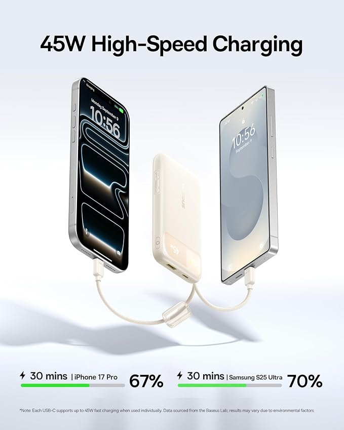 Baseus 45W Ultra Slim 10000mAh Power Bank Built-in USB-C Cables, CCC Certified Portable Charger, Travel Essential Fast Charging Pocket Size Phone Battery Pack for iPhone 17 16 Samsung S25 S24 iPad - Image 3