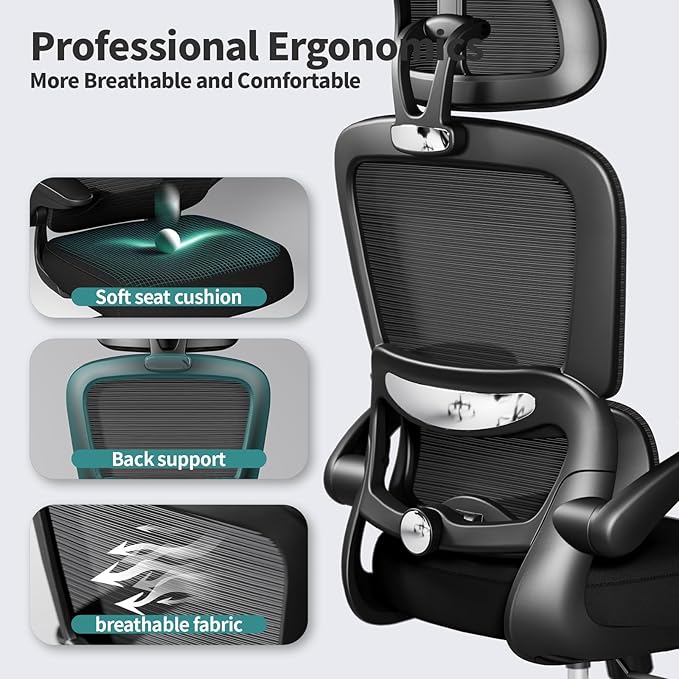 TRALT Office Chair Ergonomic Desk Chair - Gaming Chair with Lumbar Support | 330 LBS Home Office Desk Chairs with Headrest, Reading Chair with Flip-up Armrests, Comfortable Computer Chairs (1, Black) - Image 4