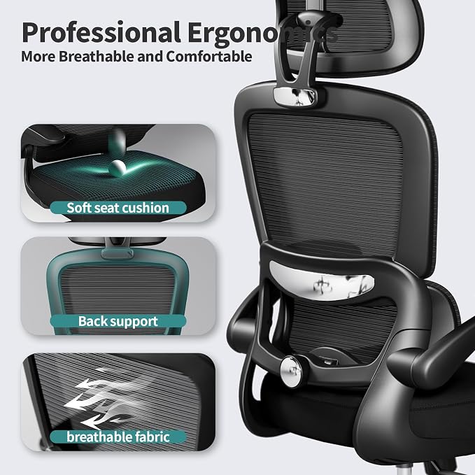 TRALT Office Chair Ergonomic Desk Chair - Gaming Chair with Lumbar Support | 330 LBS Home Office Desk Chairs with Headrest, Reading Chair with Flip-up Armrests, Comfortable Computer Chairs (15, Black) - Image 4