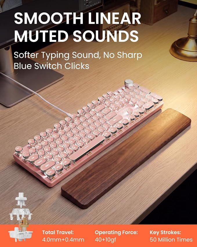 EWEADN Wired Typewriter Mechanical Keyboard, Low Noise White Switch Retro Punk Keyboard with Media Knob, White Backlit, Metal Panel, 104-Key Round Keycaps Cute Keyboard for Windows PC - Pink - Image 2
