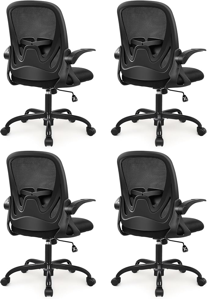 4-Pack Office Chair Ergonomic Desk Chair with Flip up Armrests Swivel Breathable Desk Mesh Computer Chair with Adjustable Lumbar Support and Height for Conference Room (Black) by Primy