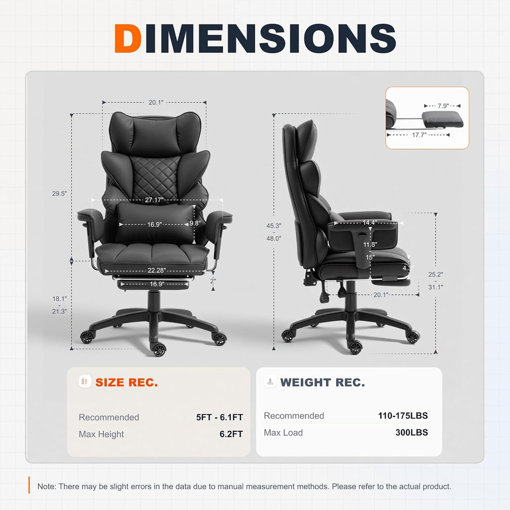 Dowinx Big and Tall Office Chair with Pocket Spring Cushion,High Back Computer Gaming Chairs with Adjustable Armrests,Executive Desk Chairs with Lumbar Support and Footrest,PU-Black - Image 3
