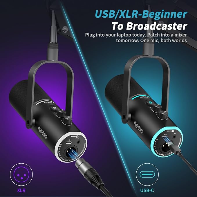 PUPGSIS XLR/USB Podcast Microphone, Gaming Mic with Mute Button, Reverb Effects, Noise Cancellation, Boom Arm Stand, Headphones Jack, Dynamic Microphone for Streaming/Recording/Gaming/Vocal-Black - Image 5