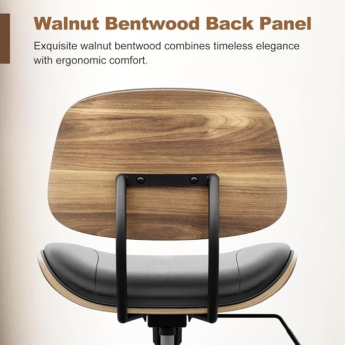 Armless Office Chair with Wheels, PU Leather Desk Chair, Black | Adjustable Height Task Chair, 360° Swivel Ergonomic Computer Chair for Small Space, Modern Walnut Style, Home & Meeting Room - Image 5