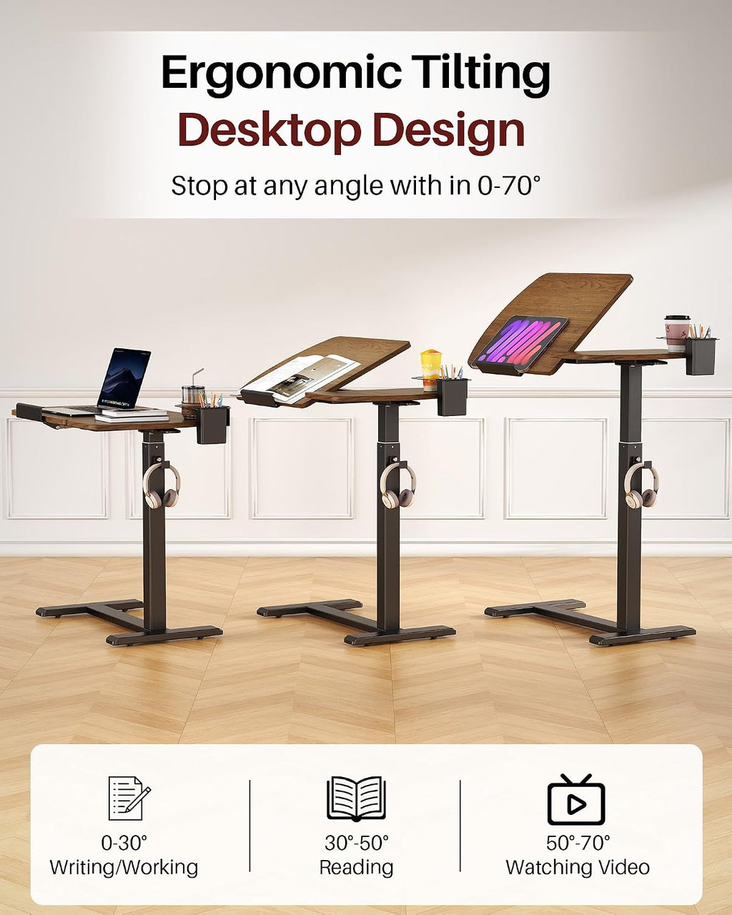 Overbed Table with Wheels, Pneumatic Lift and Tilting Top (Walnut) - Image 3