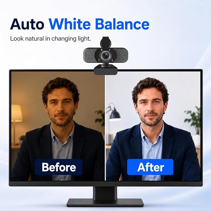 1080P Webcam with Microphone, USB Camera for PC and Laptop, Privacy Cover | For meetings, remote work, classes, streaming, and video calls; includes 105° wide view, privacy cover, and mini tripod - Image 4