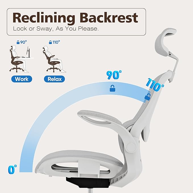 Ergonomic Mesh Office Chair- White Desk Chair, Flip-Up Armrest, Adjustable Headrest, Tilting with Soft Seat and PU Wheel, Elite Home Desk Chair for Work, Study, Gaming (GY1108) - Image 5