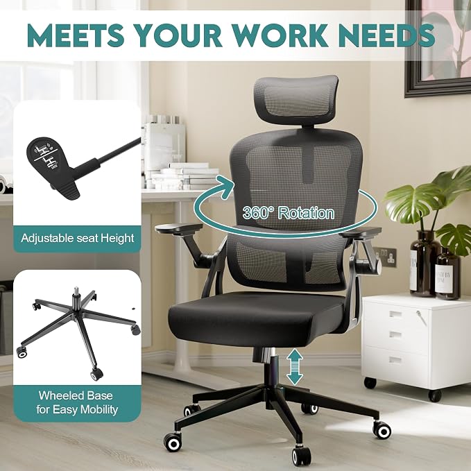 Monhey Ergonomic Office Desk Chair, 90°-125° Tilt Back Home Desk Chair with 360° Swivel & Mute Wheels, High Back Mesh Computer Chair for Adults with Lumbar Support, 330 LBS Capacity(05Black) - Image 7