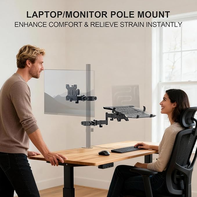 WALI Laptop Pole Mount, Adjustable Laptop Arm Holder Fits 10"-15.6" Laptops, 2-in-1 Full Motion Monitor Mount with Removable Tray, VESA 75x75 or 100x100 mm, Holds up to 15.4lbs(011ARMLPN), Black - Image 2