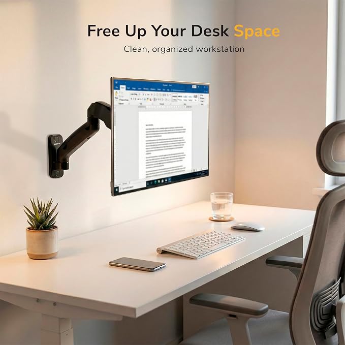 Mount-It! Monitor Wall Mount Arm, Full-Motion Gas Spring, Fits 13–32″ Screens up to 14.3 lbs, VESA 75x75 & 100x100, Tilt Swivel Rotate, Single-Stud Wall Mounted Computer Monitor Arm, RV Compatible - Image 6