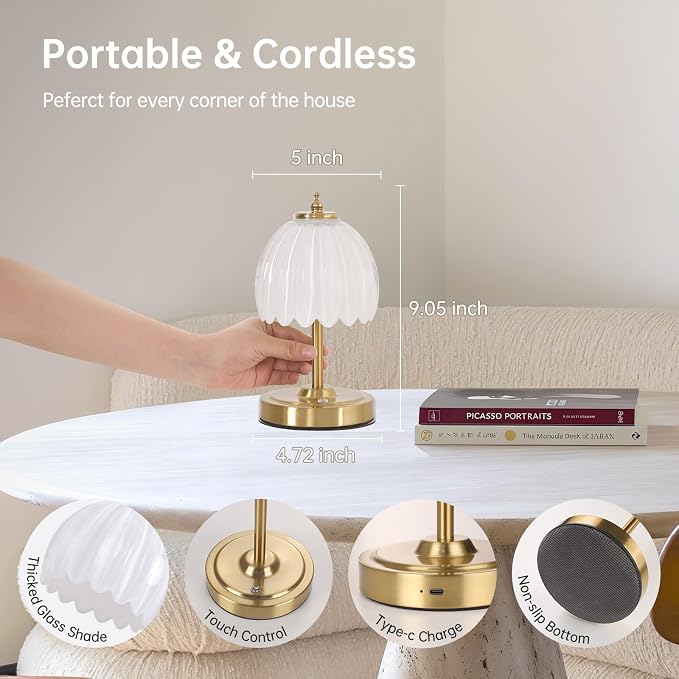 Shenmoyl Set of 2 Tulip Table Lamp with 5200mAh Battery & Touch Control, Cordless Small Table Lamp with 3 Colors, Rechargeable Battery Operated Table Lamps for Nightstand, Bedroom (White Tulip) - Image 9