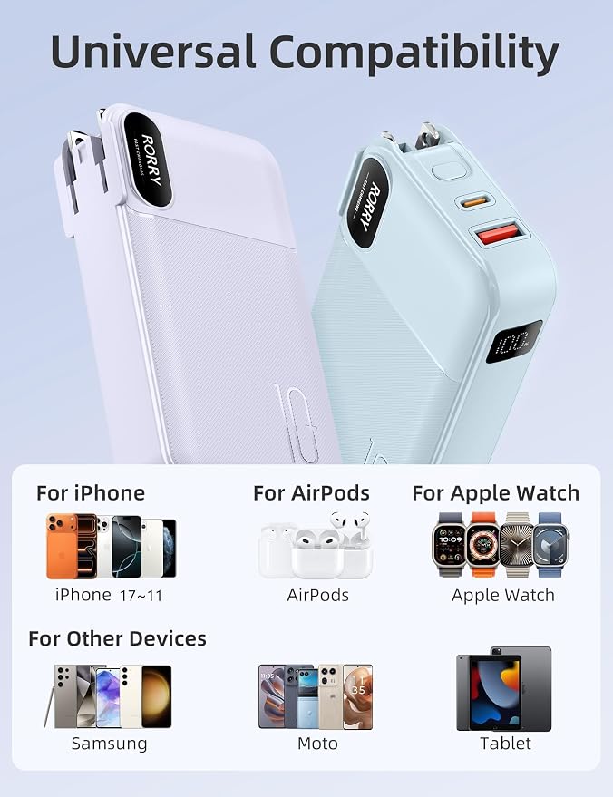 RORRY Portable Charger w/Wall Plug 10000mAh Power Bank 22.5W Battery Pack | Built in Cables, Fast Charging, for iPhone, iPad, Samsung Galaxy, Pixel, LG, Travel Essential, Digital Display, Pocket Size - Image 7