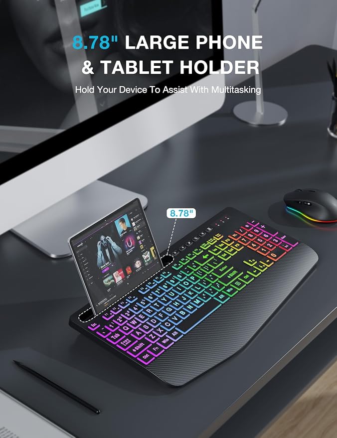 Wireless Keyboard and Mouse Combo, 9 Backlit Effects, Large Print | Phone Holder, 2.4G Lag-Free Ergonomic Keyboards, KM22 MAX Rechargeable Easy to See Set for Computer, Laptop, PC - Image 5
