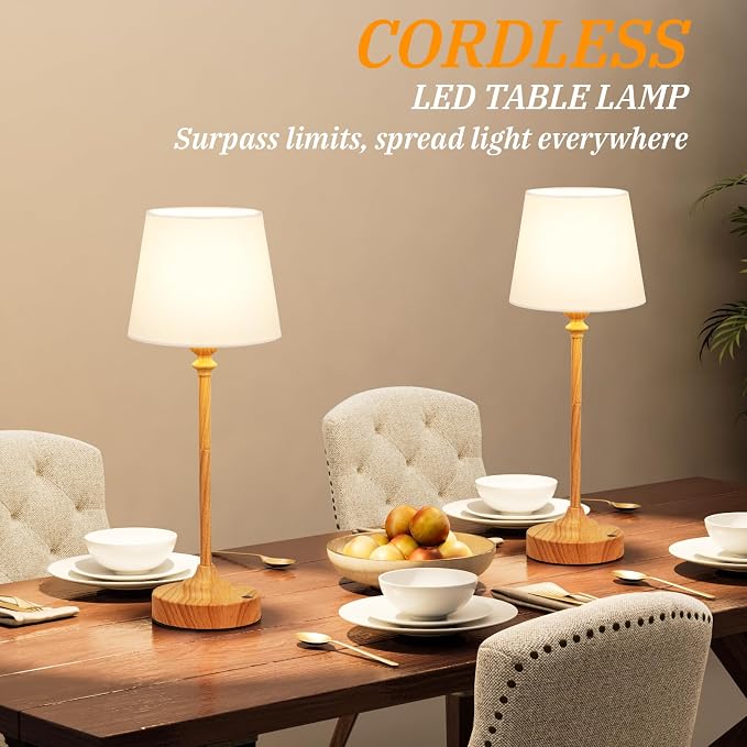 Kakanuo Cordless Table Lamps Rechargeable Set - 2 Pack Wooden 4000mAH Battery Operated Lamps for Decor, 3000K Stepless Dimming Touch Control Wireless Lamps for Bedroom, Dining Table - Image 4