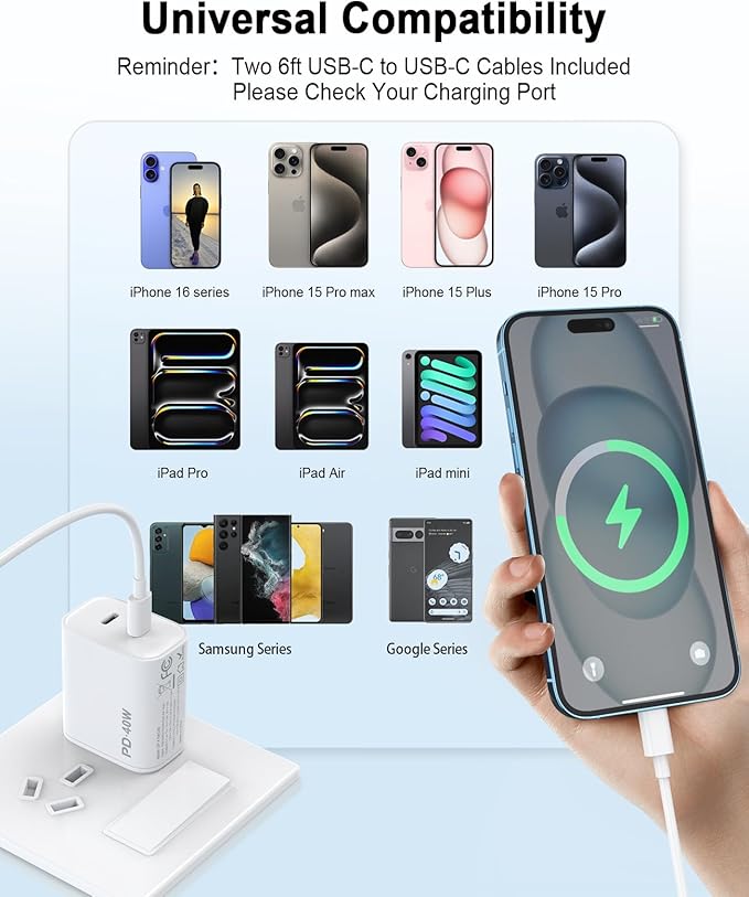 iPhone 17 16 15 Charger, 4 Pack 40W USB C Charger Dual Port Fast Charging Block (4-Pack 6 ft USB C to C Cable Cord Included) for iPhone 17 16 15 Pro Max/15Pro/15/15Plus,iPad | USB C Charger Fast Charging (4-Pack 6 ft USB C to C Cable Cord Included) for... - Image 6
