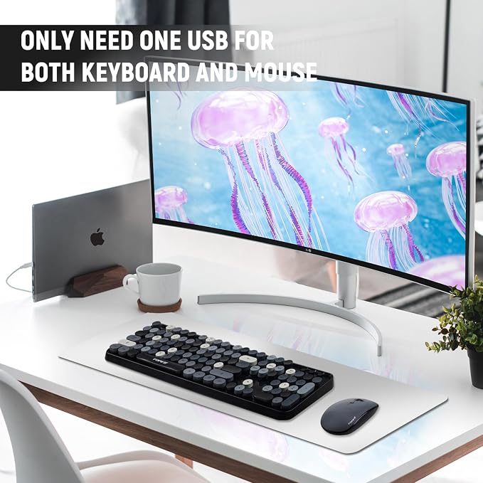 Wireless Keyboard and Mouse Combo - 2.4G Full-Sized Cute Colorful Retro Keyboard with Round Keycaps 104 Keys Typewriter Keyboard for Laptop/Windows/PC - Grey Colorful - Image 6