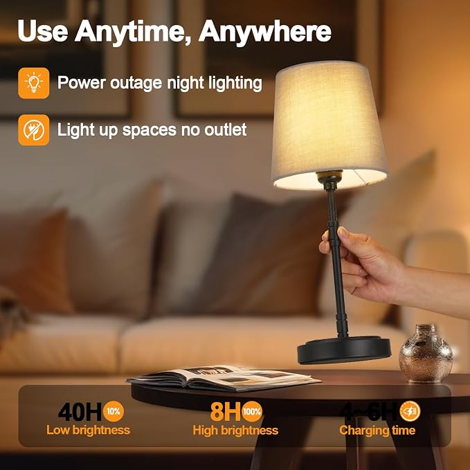 Cordless Table Lamps Set of 2 – Battery Operated Lamp with 7500mAh Rechargeable Battery, Stepless Dimmable Black Lamps with Grey Shade, Wireless Lamps for Dining Room & Nightstand (Bulbs Included) - Image 5