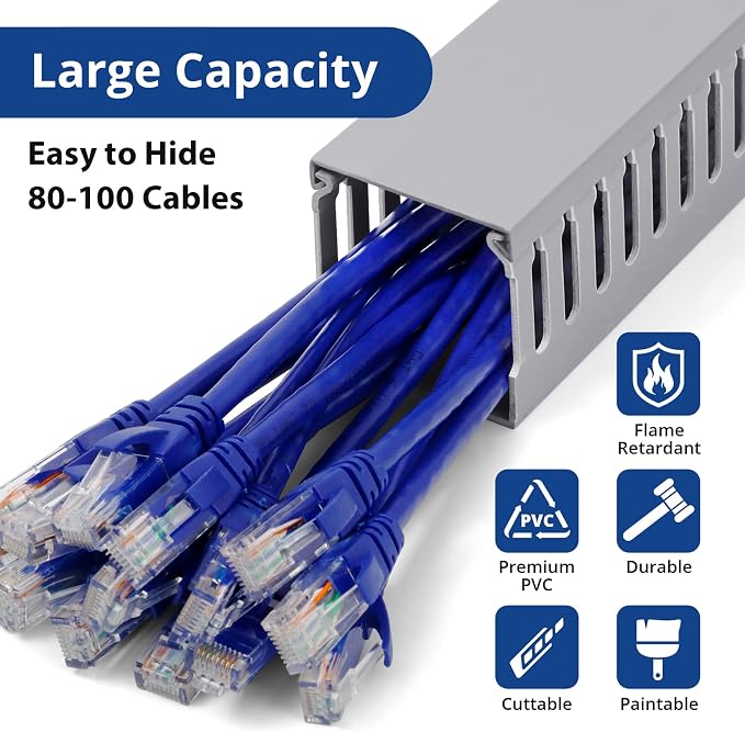 ZhiYo 3"H x 3"W Cable Raceway, 6ft Under Desk Wire Management Channel, Grey | Slotted Wire Duct, 2 Pack (3 ft Each), Heavy-Duty PVC Cable Management for Server Racks, Network Cables & Electrical Cabinets - Image 2