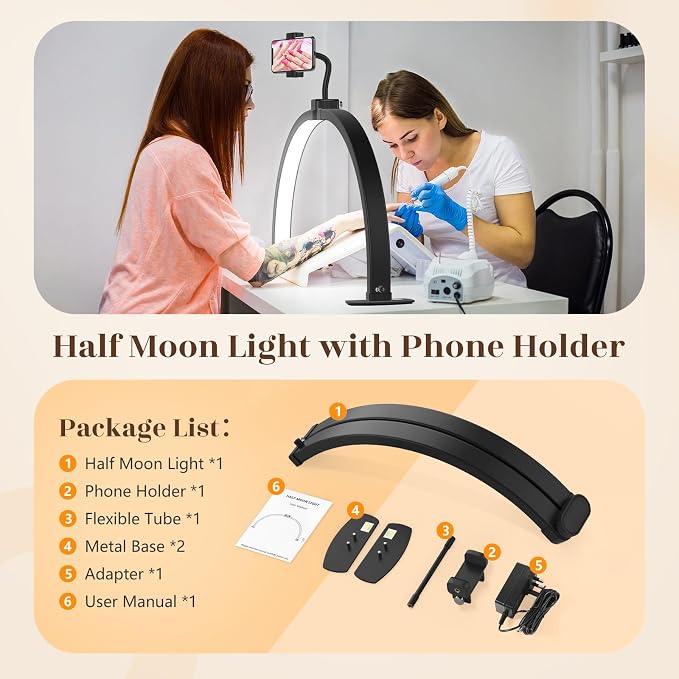 Yokilly Half Moon Light for Nail Desk: 29" Foldable Nail Light for Desk | AB Diamonds Arch Nail Tech Light with Phone Holder for Beginner - 3 Color Modes & 10 Brightness for Manicure Salon-Black - Image 7