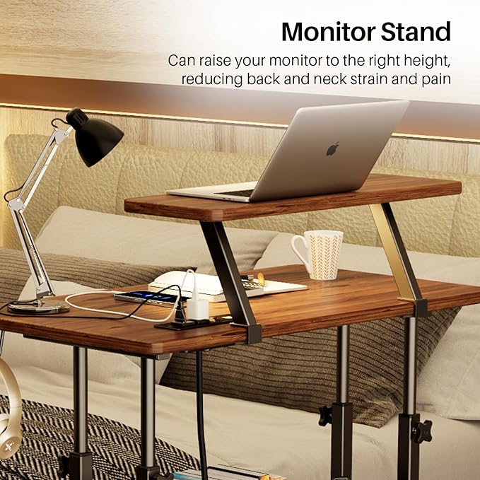 Adjustable Height Standing Desk with Power Outlets, Rolling Stand Up Desk with Monitor Stand and Storage Shelves, 31.5" Small Mobile Computer Desk, Portable Laptop Table (Retro Brown) - Image 5