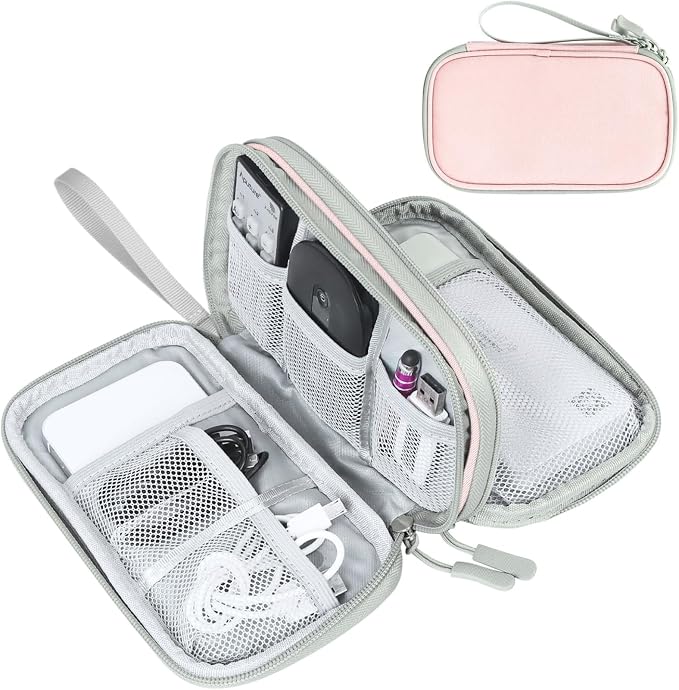 FYY Electronic Organizer, Travel Tech Pouch Bag, Medium, Light Pink | Wrist Strap, Waterproof, Double Layers Portable Electronics Travel Carrying Case for Cord, Charger, Daily Business Trips Use by FYY