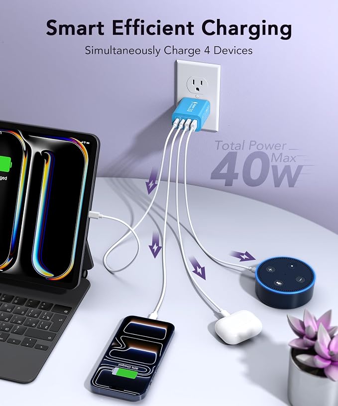 [2-Pack] 40W USB C Charger Block, 4-Port Type C Fast Charging Brick Dual PD&QC Wall Plug Adapter Power Brick for iPhone 13/14/15/16/17/Pro Max Plus/iPad/Airpods/iwatch/Samsung Galaxy (Light Blue) - Image 2